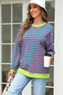 Striped Body Contrast Sleeve Crossed Stitch Drop Shoulder Casual Crew Neck Sweatshirt