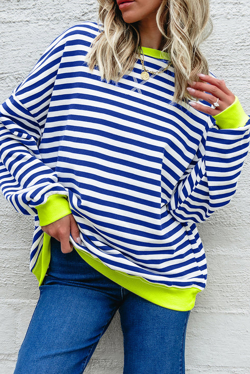 Striped Body Contrast Sleeve Crossed Stitch Drop Shoulder Casual Crew Neck Sweatshirt