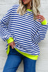Striped Body Contrast Sleeve Crossed Stitch Drop Shoulder Casual Crew Neck Sweatshirt