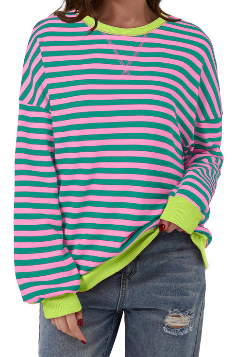 Striped Body Contrast Sleeve Crossed Stitch Drop Shoulder Casual Crew Neck Sweatshirt