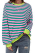 Striped Body Contrast Sleeve Crossed Stitch Drop Shoulder Casual Crew Neck Sweatshirt