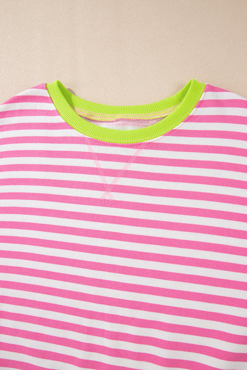 Striped Body Contrast Sleeve Crossed Stitch Drop Shoulder Casual Crew Neck Sweatshirt