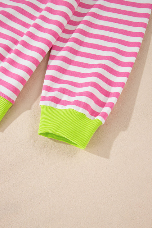 Striped Body Contrast Sleeve Crossed Stitch Drop Shoulder Casual Crew Neck Sweatshirt