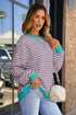 Striped Body Contrast Sleeve Crossed Stitch Drop Shoulder Casual Crew Neck Sweatshirt
