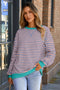 Striped Body Contrast Sleeve Crossed Stitch Drop Shoulder Casual Crew Neck Sweatshirt