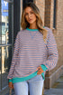 Striped Body Contrast Sleeve Crossed Stitch Drop Shoulder Casual Crew Neck Sweatshirt
