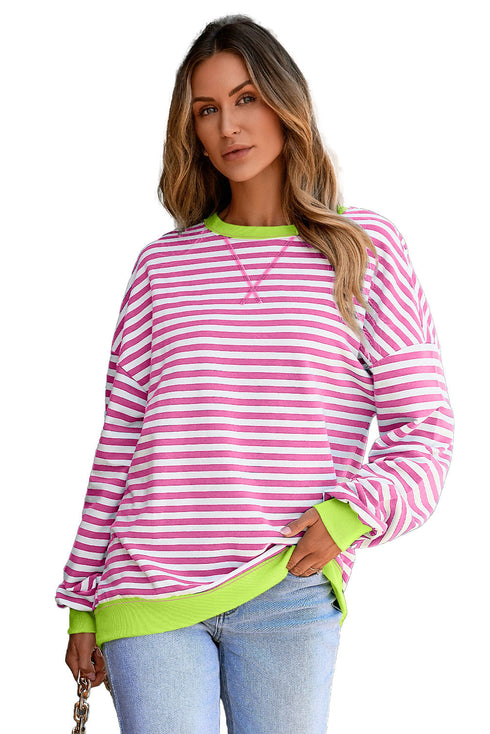Striped Body Contrast Sleeve Crossed Stitch Drop Shoulder Casual Crew Neck Sweatshirt