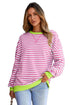 Striped Body Contrast Sleeve Crossed Stitch Drop Shoulder Casual Crew Neck Sweatshirt
