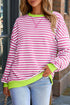 Striped Body Contrast Sleeve Crossed Stitch Drop Shoulder Casual Crew Neck Sweatshirt