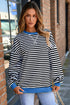 Striped Body Contrast Sleeve Crossed Stitch Drop Shoulder Casual Crew Neck Sweatshirt