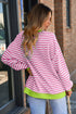 Striped Body Contrast Sleeve Crossed Stitch Drop Shoulder Casual Crew Neck Sweatshirt