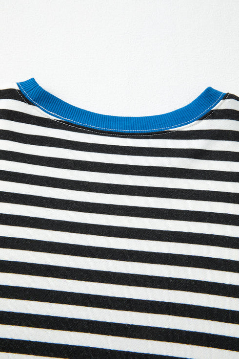 Striped Body Contrast Sleeve Crossed Stitch Drop Shoulder Casual Crew Neck Sweatshirt