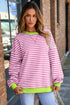 Striped Body Contrast Sleeve Crossed Stitch Drop Shoulder Casual Crew Neck Sweatshirt