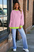 Striped Body Contrast Sleeve Crossed Stitch Drop Shoulder Casual Crew Neck Sweatshirt