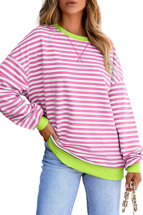Striped Body Contrast Sleeve Crossed Stitch Drop Shoulder Casual Crew Neck Sweatshirt