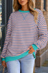 Striped Body Contrast Sleeve Crossed Stitch Drop Shoulder Casual Crew Neck Sweatshirt