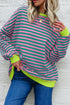 Striped Body Contrast Sleeve Crossed Stitch Drop Shoulder Casual Crew Neck Sweatshirt