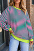 Striped Body Contrast Sleeve Crossed Stitch Drop Shoulder Casual Crew Neck Sweatshirt