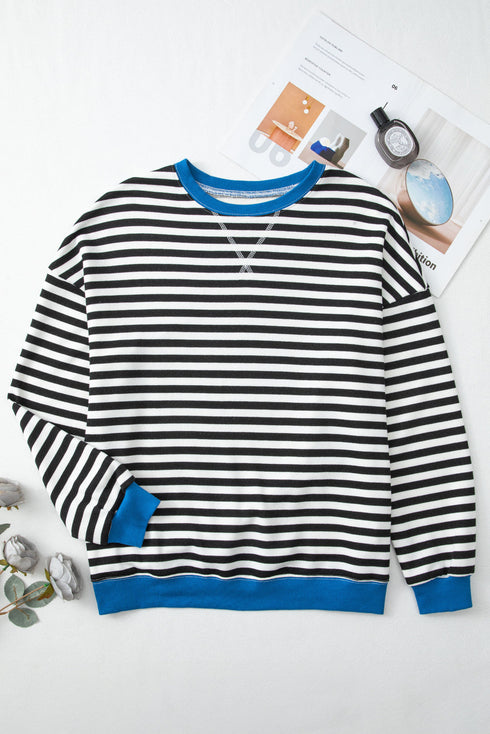 Striped Body Contrast Sleeve Crossed Stitch Drop Shoulder Casual Crew Neck Sweatshirt
