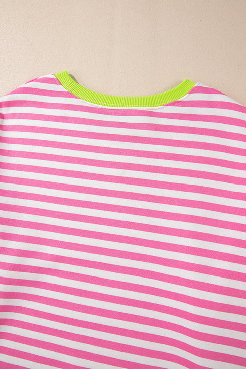 Striped Body Contrast Sleeve Crossed Stitch Drop Shoulder Casual Crew Neck Sweatshirt