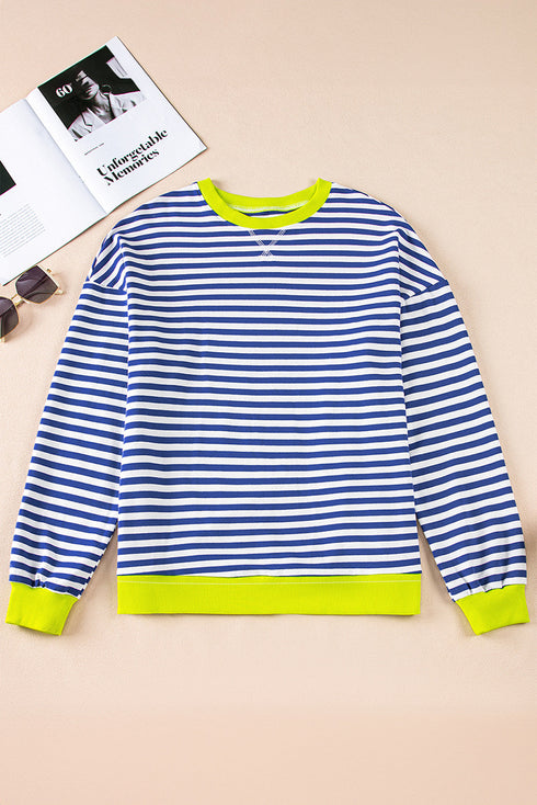 Striped Body Contrast Sleeve Crossed Stitch Drop Shoulder Casual Crew Neck Sweatshirt