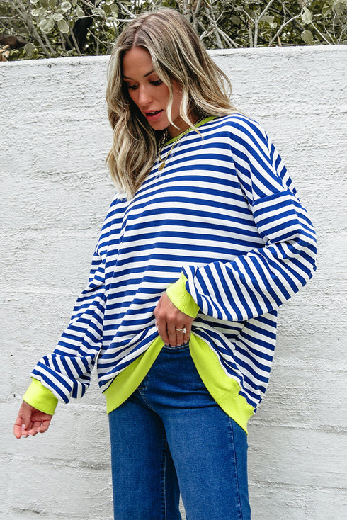 Striped Body Contrast Sleeve Crossed Stitch Drop Shoulder Casual Crew Neck Sweatshirt