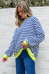 Striped Body Contrast Sleeve Crossed Stitch Drop Shoulder Casual Crew Neck Sweatshirt