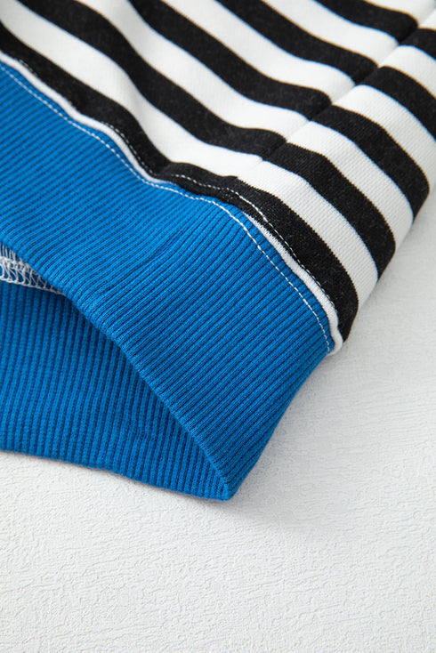 Striped Body Contrast Sleeve Crossed Stitch Drop Shoulder Casual Crew Neck Sweatshirt
