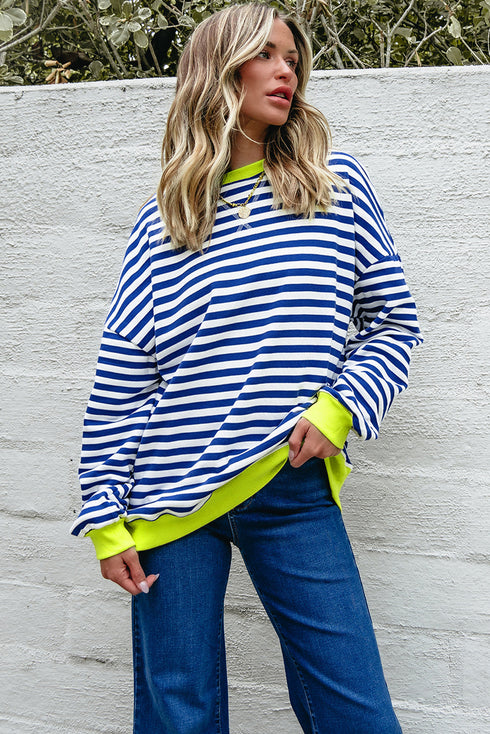 Striped Body Contrast Sleeve Crossed Stitch Drop Shoulder Casual Crew Neck Sweatshirt