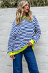 Striped Body Contrast Sleeve Crossed Stitch Drop Shoulder Casual Crew Neck Sweatshirt
