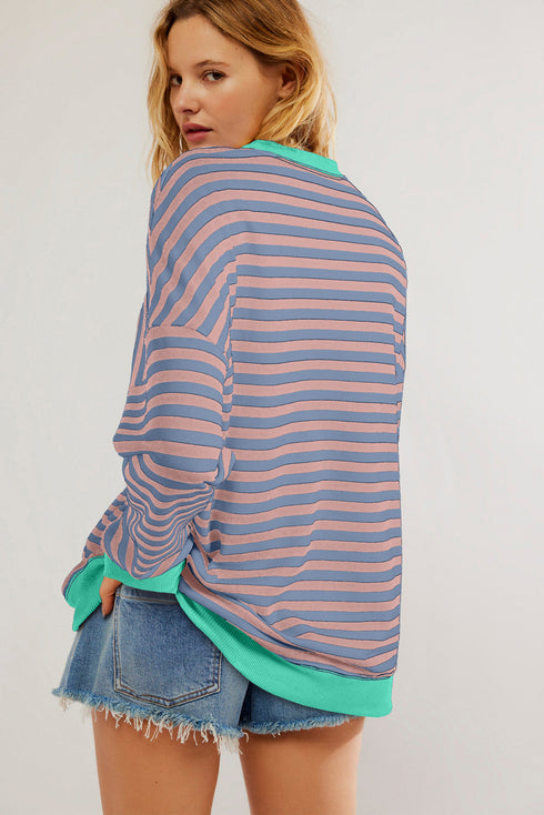 Striped Body Contrast Sleeve Crossed Stitch Drop Shoulder Casual Crew Neck Sweatshirt