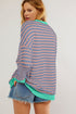 Striped Body Contrast Sleeve Crossed Stitch Drop Shoulder Casual Crew Neck Sweatshirt