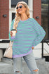 Striped Body Contrast Sleeve Crossed Stitch Drop Shoulder Casual Crew Neck Sweatshirt