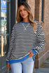 Striped Body Contrast Sleeve Crossed Stitch Drop Shoulder Casual Crew Neck Sweatshirt