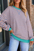 Striped Body Contrast Sleeve Crossed Stitch Drop Shoulder Casual Crew Neck Sweatshirt