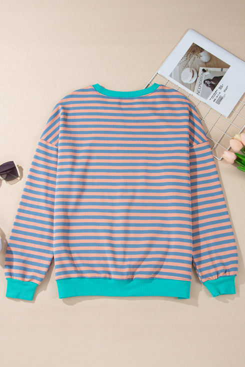 Striped Body Contrast Sleeve Crossed Stitch Drop Shoulder Casual Crew Neck Sweatshirt