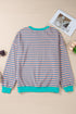 Striped Body Contrast Sleeve Crossed Stitch Drop Shoulder Casual Crew Neck Sweatshirt