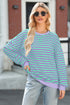 Striped Body Contrast Sleeve Crossed Stitch Drop Shoulder Casual Crew Neck Sweatshirt