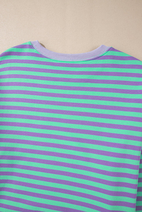 Striped Body Contrast Sleeve Crossed Stitch Drop Shoulder Casual Crew Neck Sweatshirt