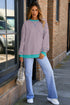Striped Body Contrast Sleeve Crossed Stitch Drop Shoulder Casual Crew Neck Sweatshirt