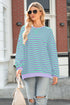 Striped Body Contrast Sleeve Crossed Stitch Drop Shoulder Casual Crew Neck Sweatshirt