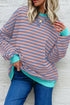 Striped Body Contrast Sleeve Crossed Stitch Drop Shoulder Casual Crew Neck Sweatshirt