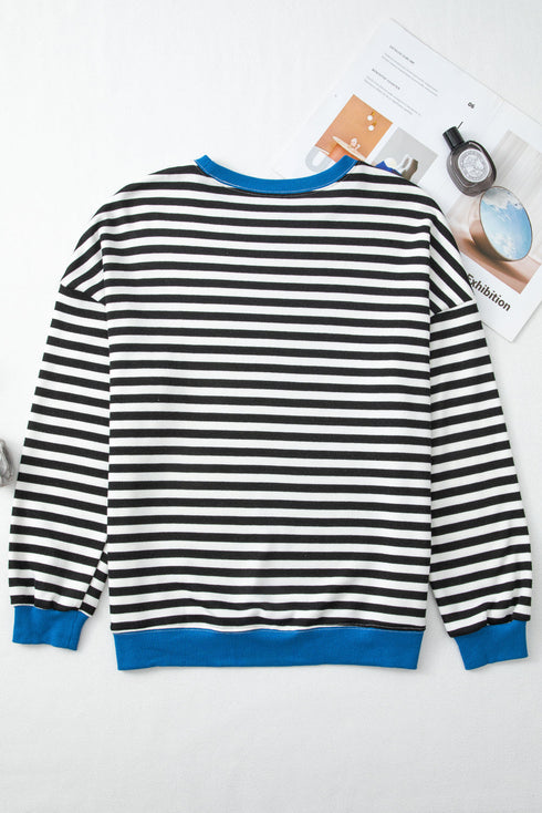 Striped Body Contrast Sleeve Crossed Stitch Drop Shoulder Casual Crew Neck Sweatshirt