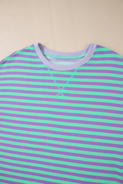 Striped Body Contrast Sleeve Crossed Stitch Drop Shoulder Casual Crew Neck Sweatshirt