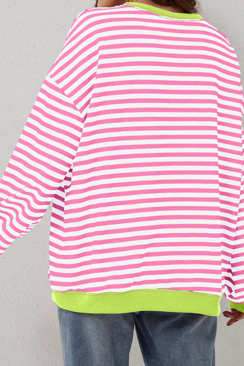 Striped Body Contrast Sleeve Crossed Stitch Drop Shoulder Casual Crew Neck Sweatshirt