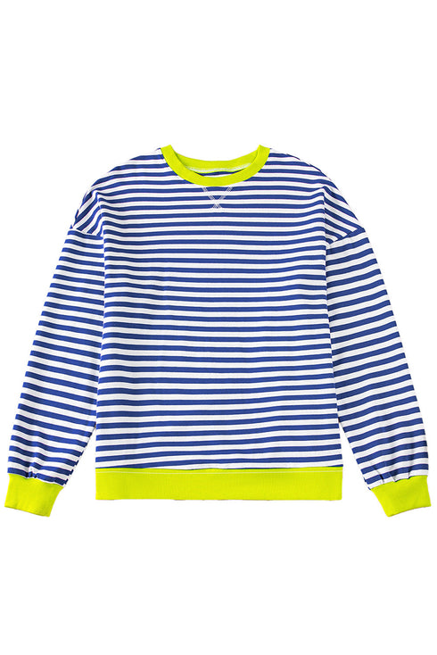 Striped Body Contrast Sleeve Crossed Stitch Drop Shoulder Casual Crew Neck Sweatshirt
