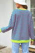 Striped Body Contrast Sleeve Crossed Stitch Drop Shoulder Casual Crew Neck Sweatshirt