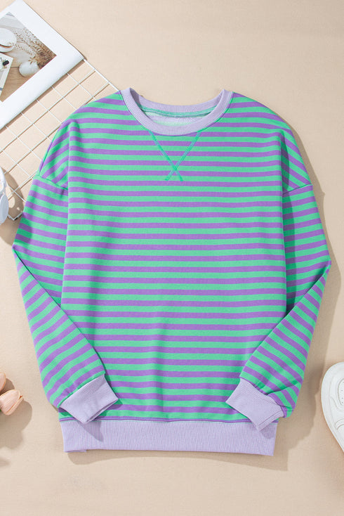 Striped Body Contrast Sleeve Crossed Stitch Drop Shoulder Casual Crew Neck Sweatshirt
