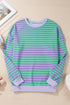 Striped Body Contrast Sleeve Crossed Stitch Drop Shoulder Casual Crew Neck Sweatshirt