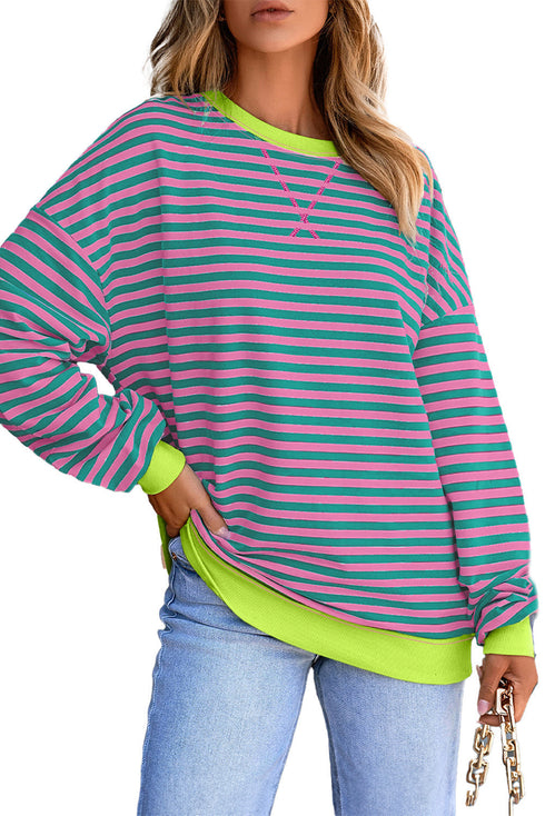 Striped Body Contrast Sleeve Crossed Stitch Drop Shoulder Casual Crew Neck Sweatshirt